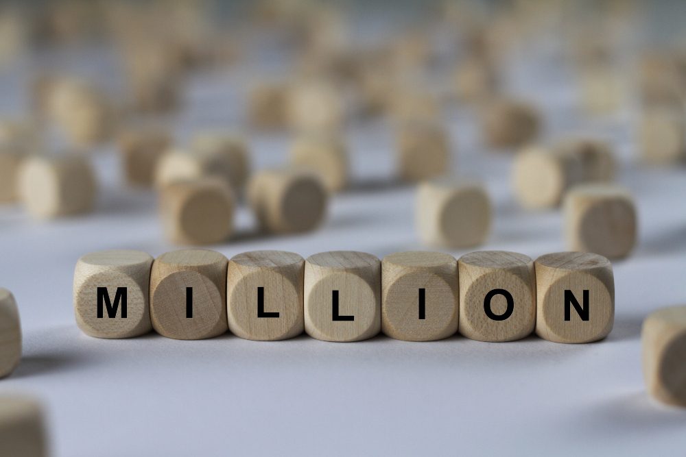 A row of wooden letter blocks spelling the word million.